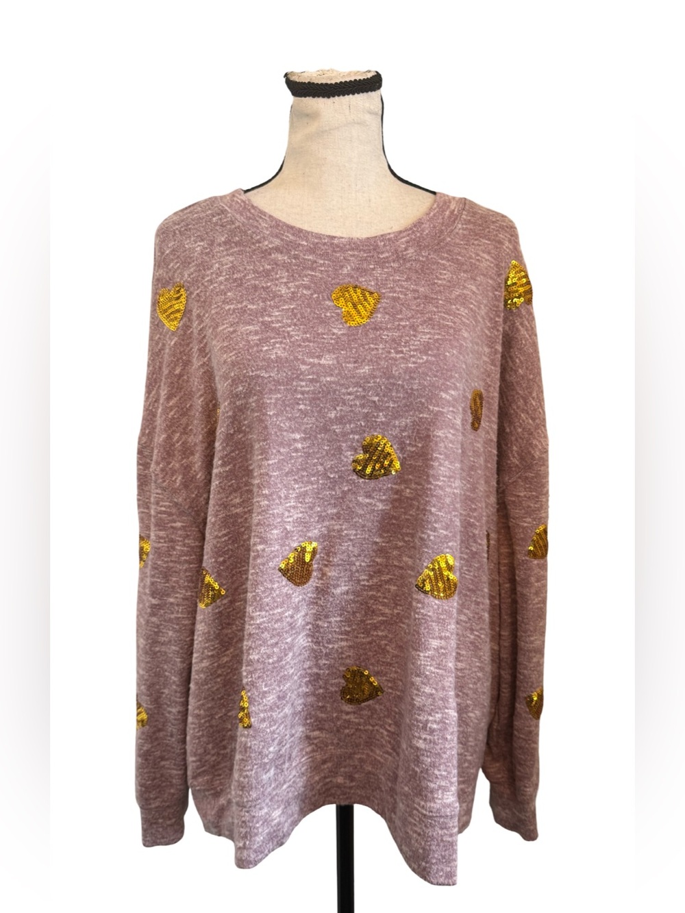 TruSelf 2X Mauve Gold Sequin Heart Oversized Sweater Tunic Plus Size 27x26